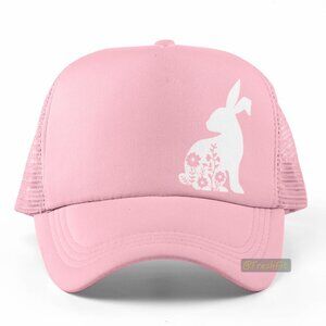 🆕Bunny Flowers Light Pink Foam Trucker Hat Mesh Snapback Cap